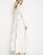 maja studio Rochie Albă din Vâscoză cu Croială Cloș cu Broderie Decorativă Nalariel