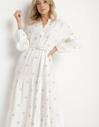 maja studio Rochie Albă din Vâscoză cu Croială Cloș cu Broderie Decorativă Nalariel