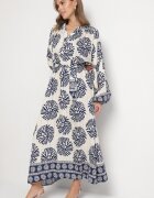 maja studio Rochie Albastră din Viscoză Oversize cu Model Etnic și Cordon de Legat Florseki