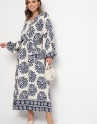 maja studio Rochie Albastră din Viscoză Oversize cu Model Etnic și Cordon de Legat Florseki