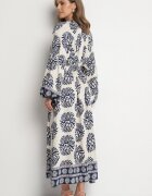 maja studio Rochie Albastră din Viscoză Oversize cu Model Etnic și Cordon de Legat Florseki