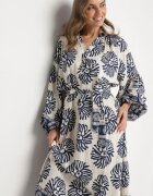 maja studio Rochie Albastră din Viscoză Oversize cu Model Etnic și Cordon de Legat Florseki
