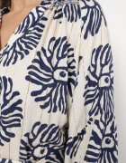 maja studio Rochie Albastră din Viscoză Oversize cu Model Etnic și Cordon de Legat Florseki