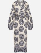 maja studio Rochie Albastră din Viscoză Oversize cu Model Etnic și Cordon de Legat Florseki