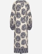 maja studio Rochie Albastră din Viscoză Oversize cu Model Etnic și Cordon de Legat Florseki