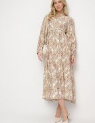 maja studio Rochie Bej Cloș din Viscoză cu Model Ornamental Gonavina