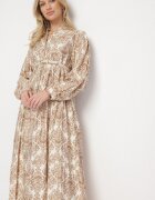 maja studio Rochie Bej Cloș din Viscoză cu Model Ornamental Gonavina