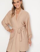 maja studio Rochie Bej de Viscoză Kimono cu Buzunare și Inserții Perforate Decorative Salanora