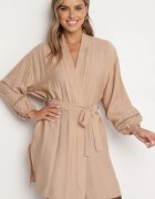 maja studio Rochie Bej de Viscoză Kimono cu Buzunare și Inserții Perforate Decorative Salanora