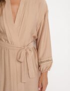 maja studio Rochie Bej de Viscoză Kimono cu Buzunare și Inserții Perforate Decorative Salanora