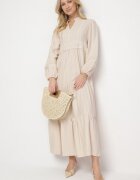 maja studio Rochie bej deschis din viscoză Boho cu croială evazată cu elastic și dantelă Gonillea