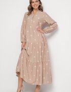 maja studio Rochie Bej din Vâscoză cu Croi Evazat cu Broderie Decorativă Nalariel