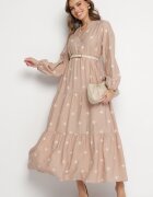 maja studio Rochie Bej din Vâscoză cu Croi Evazat cu Broderie Decorativă Nalariel