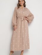 maja studio Rochie bej din viscoză croi oversize cu broderie decorativă Naleniel