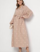 maja studio Rochie bej din viscoză croi oversize cu broderie decorativă Naleniel