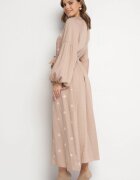maja studio Rochie bej din viscoză croi oversize cu broderie decorativă Naleniel