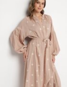 maja studio Rochie bej din viscoză croi oversize cu broderie decorativă Naleniel