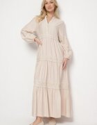 maja studio Rochie Bej Evazată din Viscoză Decorată cu Dantelă Gonireth