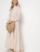 maja studio Rochie Bej Evazată din Viscoză Decorată cu Dantelă Gonireth
