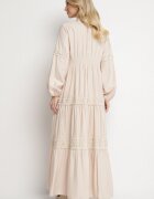 maja studio Rochie Bej Evazată din Viscoză Decorată cu Dantelă Gonireth