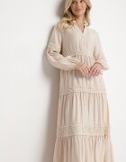 maja studio Rochie Bej Evazată din Viscoză Decorată cu Dantelă Gonireth