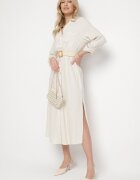 maja studio Rochie Bej Tip Cămașă din In și Viscoză cu Mâneci Reglabile Melvezia