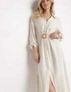 maja studio Rochie Bej Tip Cămașă din In și Viscoză cu Mâneci Reglabile Melvezia