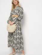 maja studio Rochie Cloș Neagră din Viscoză cu Model Ornamental Gonavina