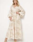 maja studio Rochie din viscoză bej evazată cu broderii metalice Fennala