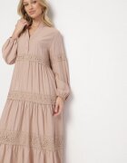 maja studio Rochie Evazată Bej închis din Viscoză Decorată cu Dantelă Gonireth