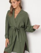 maja studio Rochie Kimono de Vâscoză Verde cu Buzunare și Inserții Ajurate Decorative Salanora