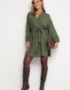 maja studio Rochie Kimono de Vâscoză Verde cu Buzunare și Inserții Ajurate Decorative Salanora