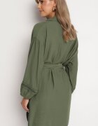 maja studio Rochie Kimono de Vâscoză Verde cu Buzunare și Inserții Ajurate Decorative Salanora