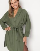 maja studio Rochie Kimono de Vâscoză Verde cu Buzunare și Inserții Ajurate Decorative Salanora