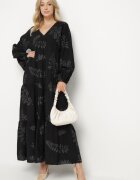maja studio Rochie Neagră din Viscoză Cloș cu Broderii Metalice Fennala
