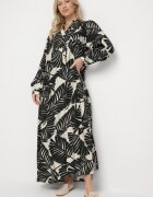 maja studio Rochie Neagră Viscoză Evazată cu Imprimeu Frunze Rivvesa