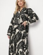 maja studio Rochie Neagră Viscoză Evazată cu Imprimeu Frunze Rivvesa