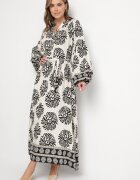 maja studio Rochie Neagră Viscoză Oversize cu Model Etnic cu Curea Legată Florseki