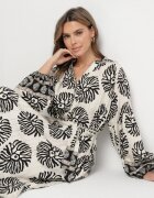 maja studio Rochie Neagră Viscoză Oversize cu Model Etnic cu Curea Legată Florseki