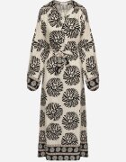 maja studio Rochie Neagră Viscoză Oversize cu Model Etnic cu Curea Legată Florseki