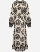 maja studio Rochie Neagră Viscoză Oversize cu Model Etnic cu Curea Legată Florseki