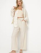 maja studio Set Bej din Viscoză cu croială Oversize Cămașă cu Broderie și Pantaloni Sadeonna