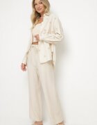 maja studio Set Bej din Viscoză cu croială Oversize Cămașă cu Broderie și Pantaloni Sadeonna