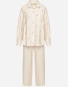 maja studio Set Bej din Viscoză cu croială Oversize Cămașă cu Broderie și Pantaloni Sadeonna