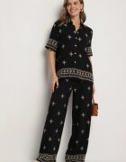 maja studio Set Negru din Viscoză Decorat cu Broderie Cămașă și Pantaloni Oversize Iffiselle