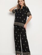 maja studio Set Negru din Viscoză Decorat cu Broderie Cămașă și Pantaloni Oversize Iffiselle