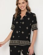 maja studio Set Negru din Viscoză Decorat cu Broderie Cămașă și Pantaloni Oversize Iffiselle