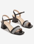 mannika Sandale Negre pe Toc Conic cu Barete Decorative Ndivaya