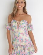 manosque Rochie Mini Bej deschisă cu mâneci căzute și șnur decorativ din bumbac Gabrisa