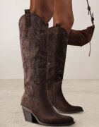 marquiiz Cizme maro închis stil cowboy pe toc conic cu carâmb cu model de strasuri Nalimia